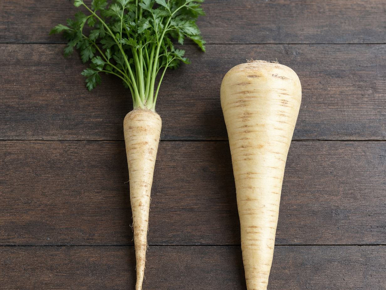 Links eine schlanke Petersilienwurzel mit Petersilienkraut, rechts eine breitere Pastinake mit flacher Schulter