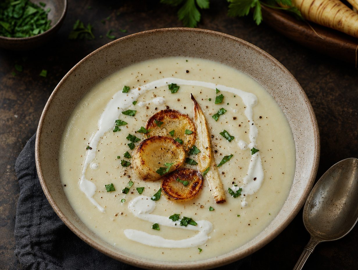 Helle cremige Wurzelgemüsesuppe mit gerösteten Petersilienwurzelscheiben, Petersilie und Sahne in dunkler Schale