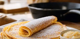 Pfannkuchentag am Faschingsdienstag: Herkunft und Verwirrung Stapel dünner goldener Pfannkuchen auf einem weißen Teller, der oberste gerollt und mit Puderzucker bestäubt