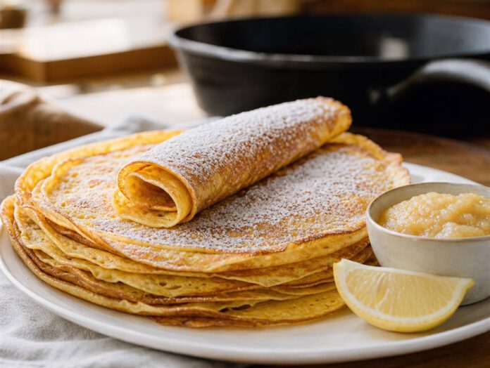 Stapel dünner goldener Pfannkuchen auf einem weißen Teller, der oberste gerollt und mit Puderzucker bestäubt