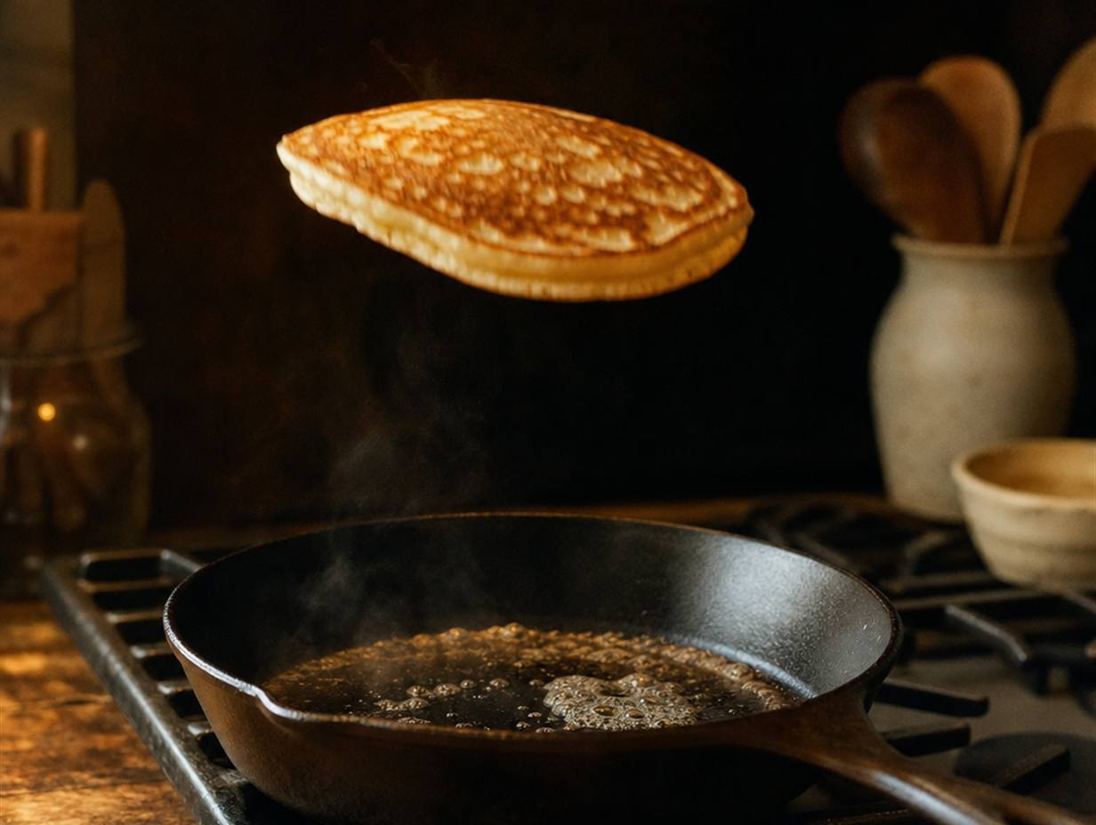Ein Pfannkuchen fliegt beim Wenden über einer gusseisernen Pfanne durch die Luft