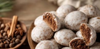 Warum heißen Pfeffernüsse Pfeffernüsse? Runde Pfeffernüsse mit weißer Zuckerglasur auf einem Holzteller, einige aufgebrochen mit sichtbarer dunkler Krume, daneben Nelken, Piment und Zimtstangen