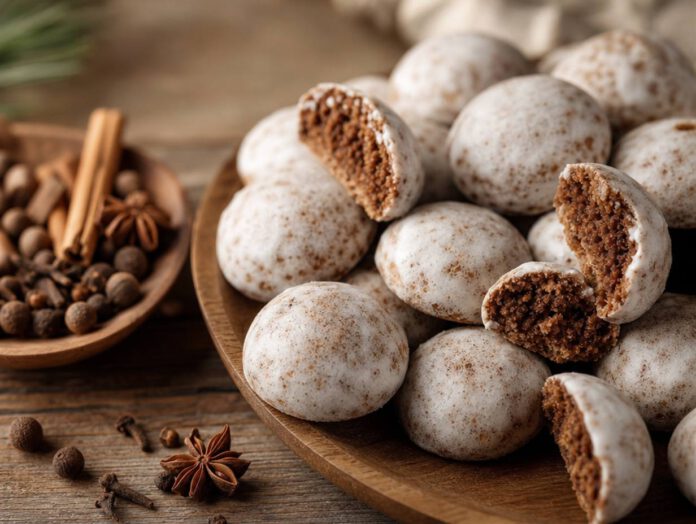 Runde Pfeffernüsse mit weißer Zuckerglasur auf einem Holzteller, einige aufgebrochen mit sichtbarer dunkler Krume, daneben Nelken, Piment und Zimtstangen