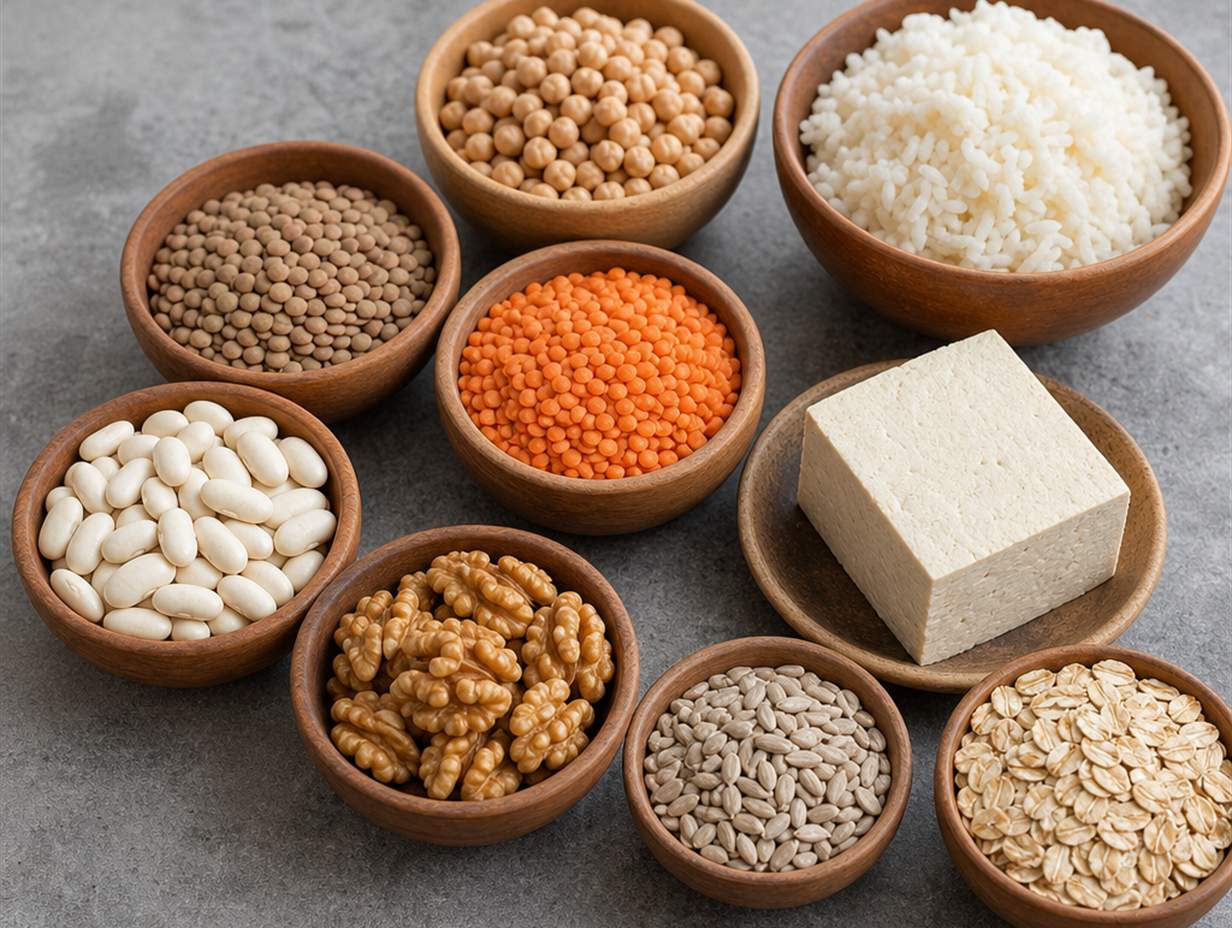 Linsen, Kichererbsen, weiße Bohnen, Walnüsse, Sonnenblumenkerne, Haferflocken und Tofu in Holzschalen