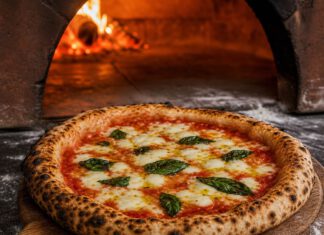 Tag der Pizza am 9. Februar: Termine, Spezifikation und Belag Neapolitanische Margherita auf einem Holzschieber mit luftigem Rand und dunklen Blasen vor der Öffnung eines Holzofens