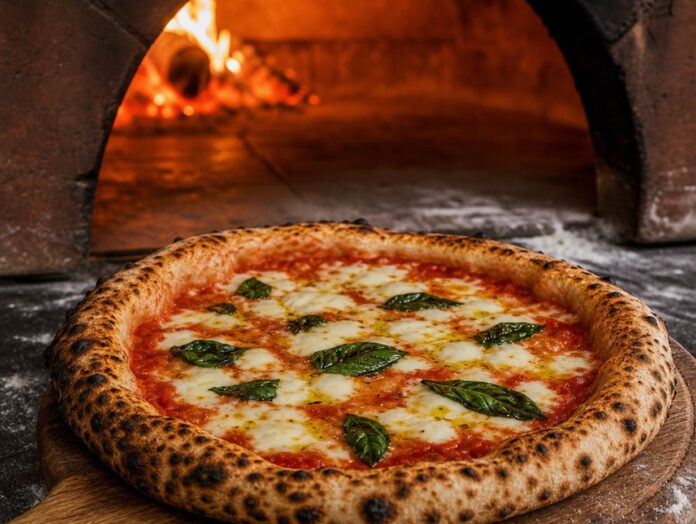 Neapolitanische Margherita auf einem Holzschieber mit luftigem Rand und dunklen Blasen vor der Öffnung eines Holzofens