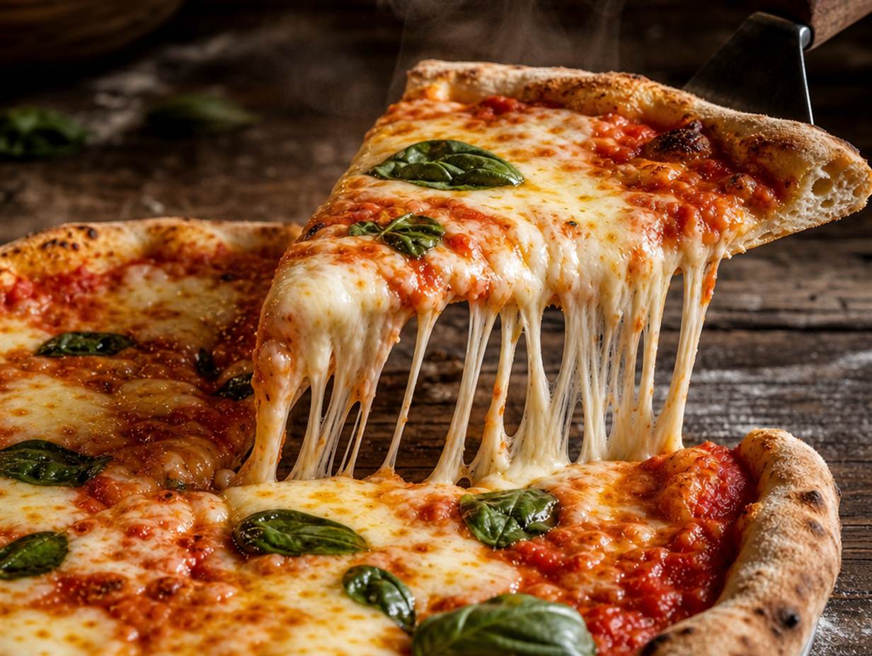 Ein Stück heiße Pizza wird abgehoben, geschmolzener Mozzarella zieht lange Fäden