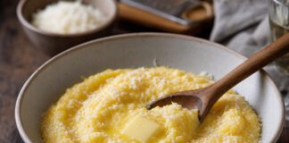 Wie schmeckt Polenta? Schale mit cremiger gelber Polenta, darauf schmelzende Butter und geriebener Käse, daneben ein Holzlöffel