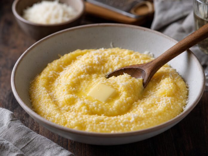 Schale mit cremiger gelber Polenta, darauf schmelzende Butter und geriebener Käse, daneben ein Holzlöffel