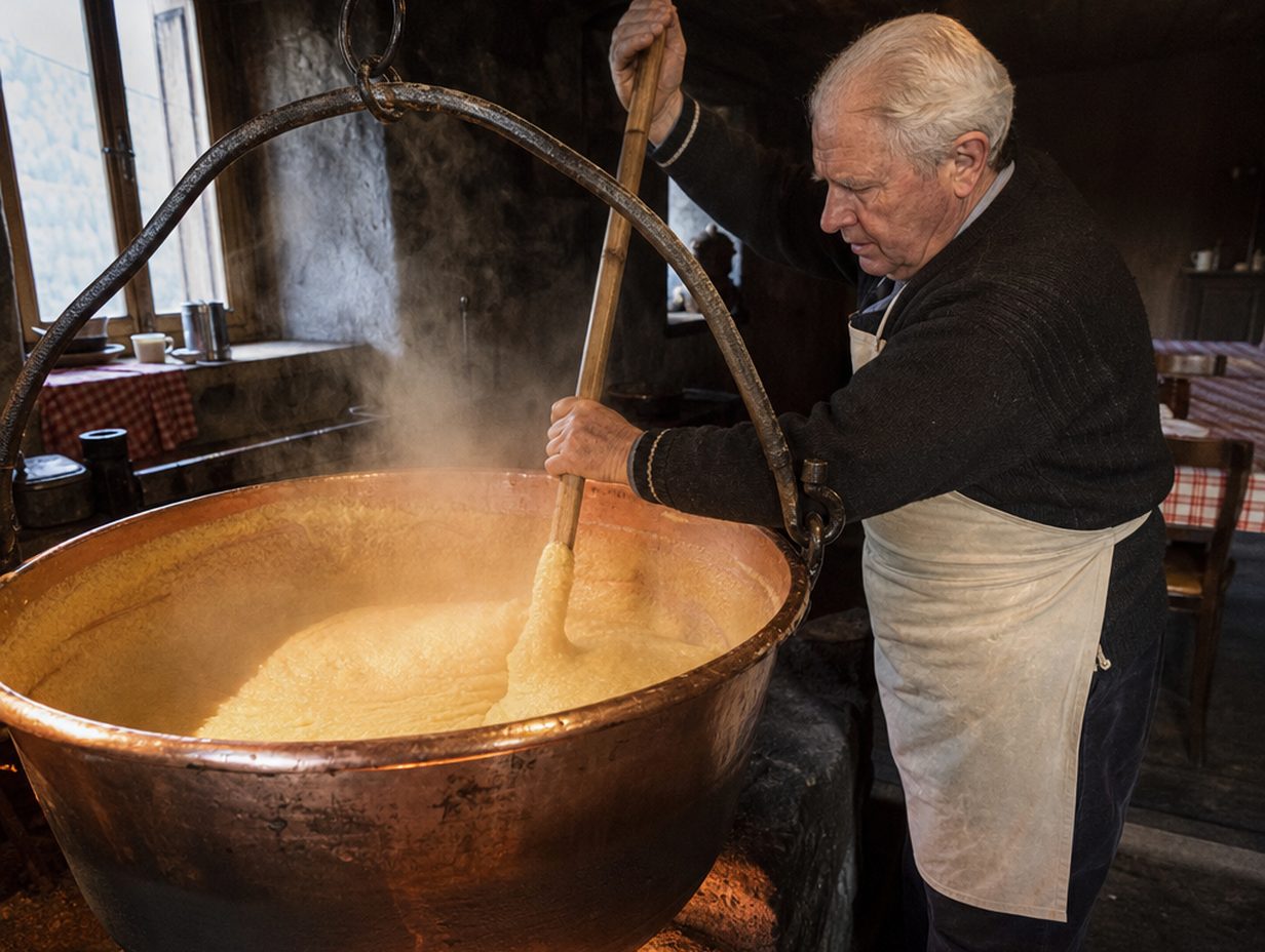 Großer Kupferkessel mit dampfender Polenta über offenem Feuer, gerührt mit einem langen Holzstab