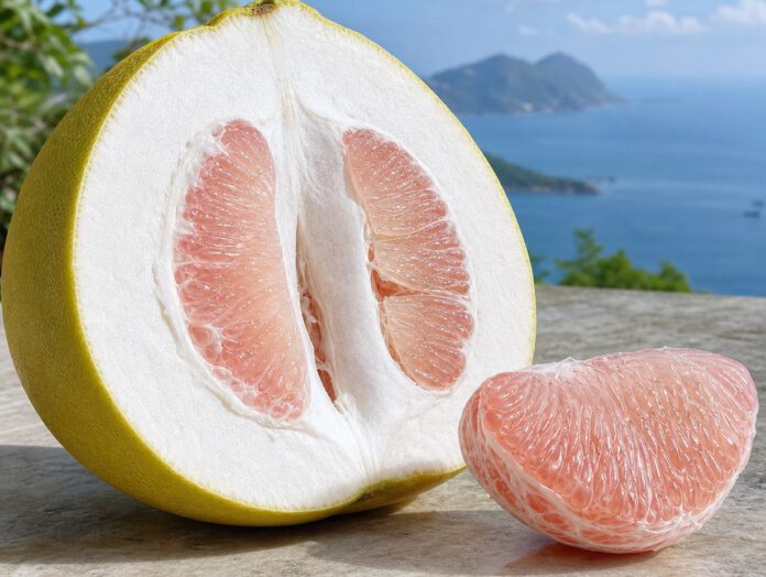 Große aufgeschnittene Pomelo mit sehr dicker weißer Schicht unter der Schale und blassrosa Fruchtsegmenten