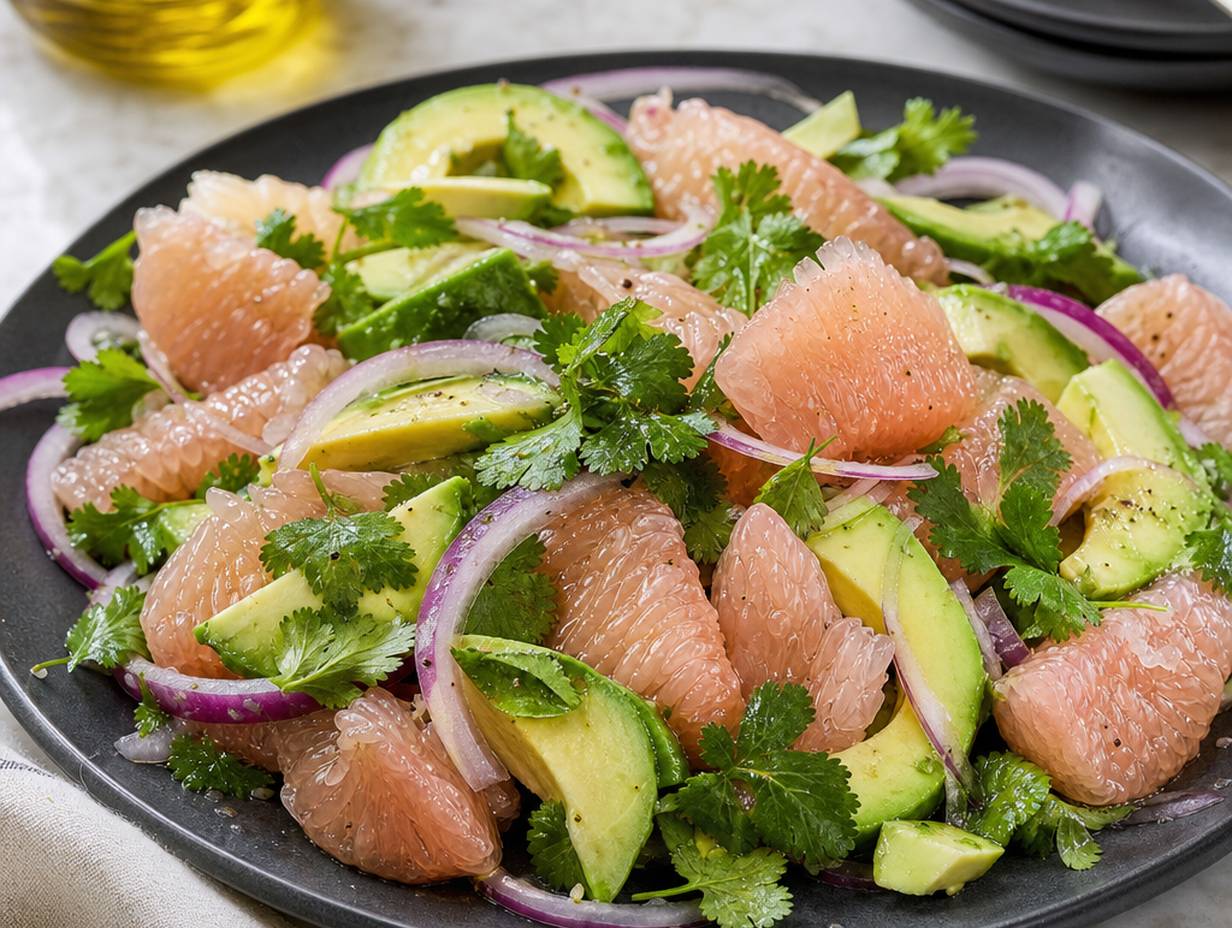 Salat aus blassrosa Pomelosegmenten mit Avocado, roten Zwiebeln und Koriander auf dunklem Teller