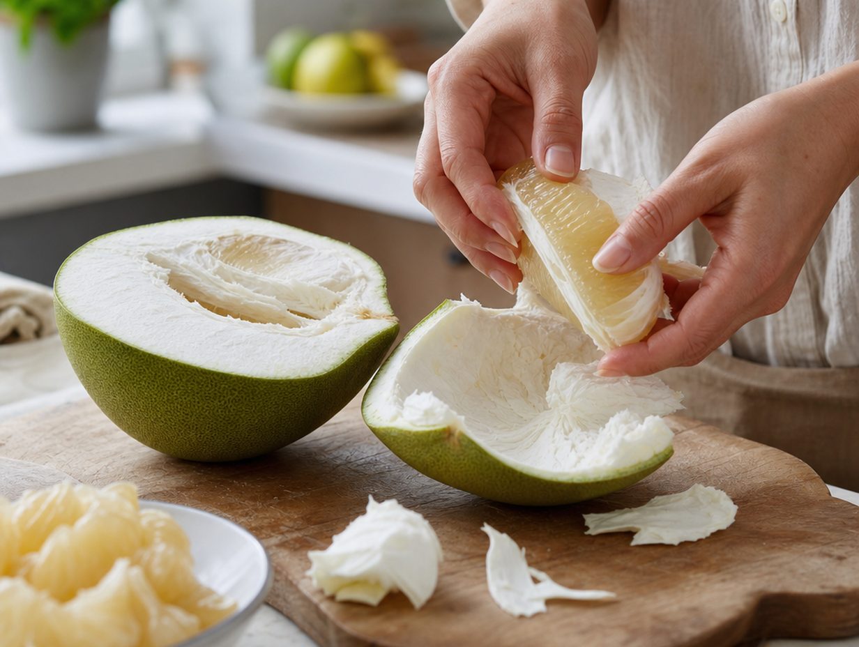 Hände schälen eine Pomelo, lösen ein Segment aus der zähen Trennhaut, daneben liegen abgezogene Hautstücke