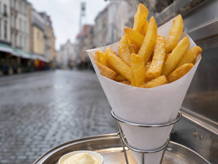 Frisch frittierte dicke Pommes frites in einer Papiertüte an einem Imbissstand, daneben ein Becher Mayonnaise