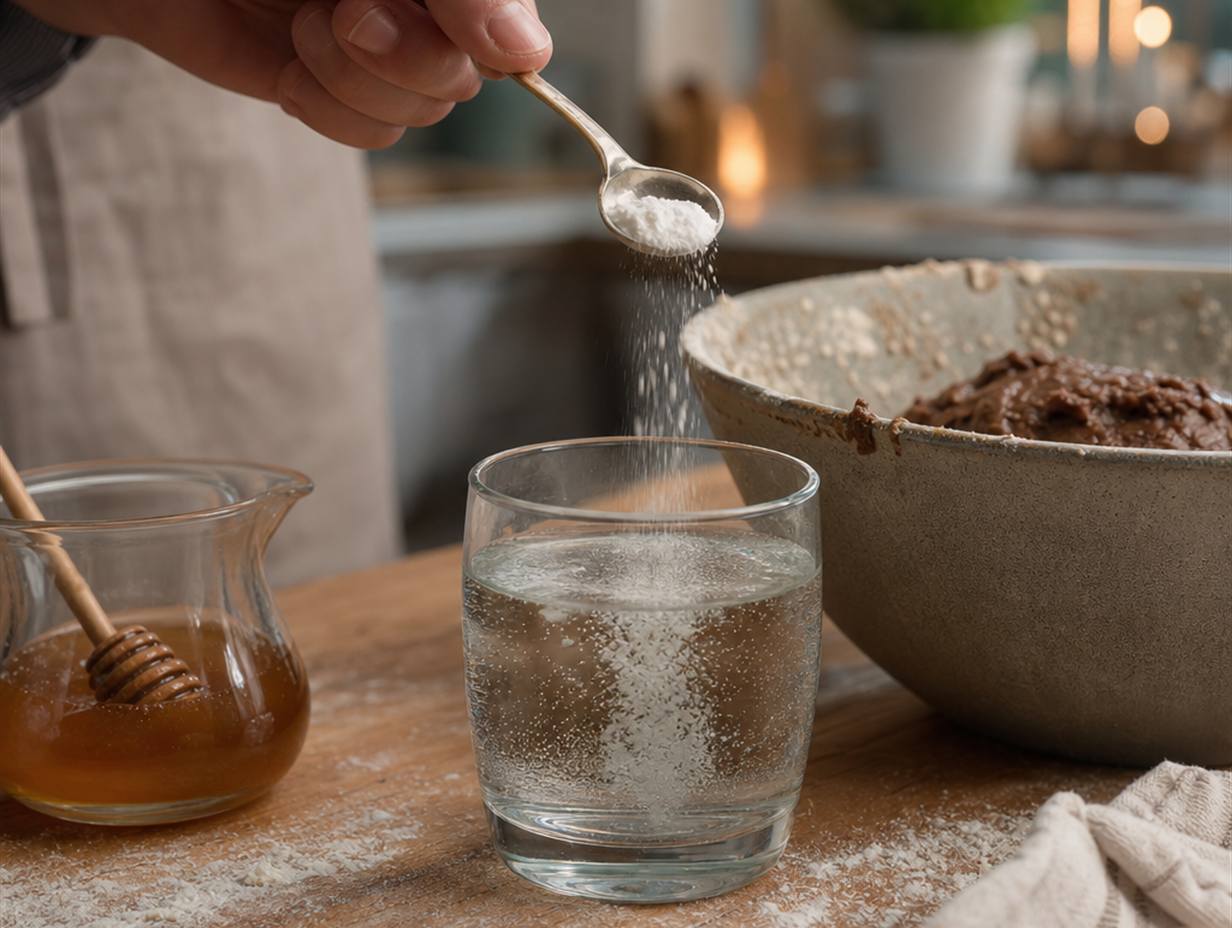 Weißes Pottasche-Pulver rieselt von einem Löffel in ein Glas mit Wasser, daneben Honig und eine Schüssel mit Lebkuchenteig