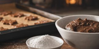 Was ist Pottasche? Weißes Pottasche-Pulver in einer Porzellanschale neben einer Schüssel mit dunklem Lebkuchenteig, Zimtstangen und Nelken auf einem Holztisch