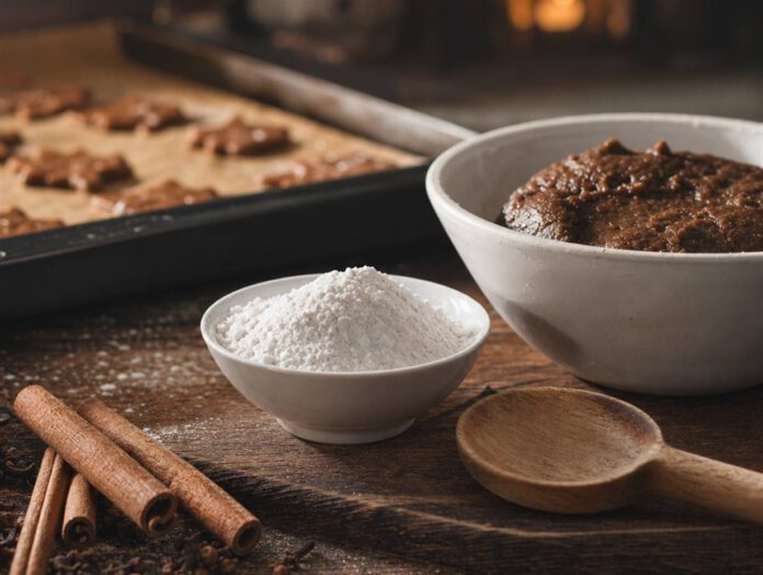Weißes Pottasche-Pulver in einer Porzellanschale neben einer Schüssel mit dunklem Lebkuchenteig, Zimtstangen und Nelken auf einem Holztisch