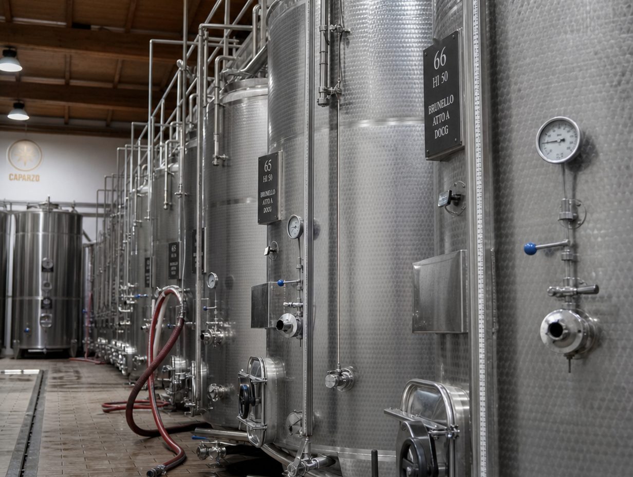 Reihen großer Edelstahl-Drucktanks mit Rohren und Manometern in einer modernen italienischen Kellerei