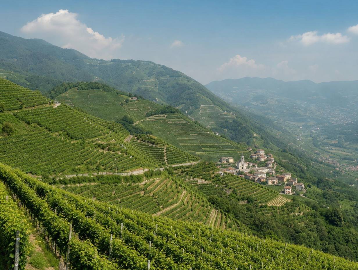 Steile terrassierte Weinberge auf grünen Hügeln in Norditalien mit einem kleinen Dorf im Tal