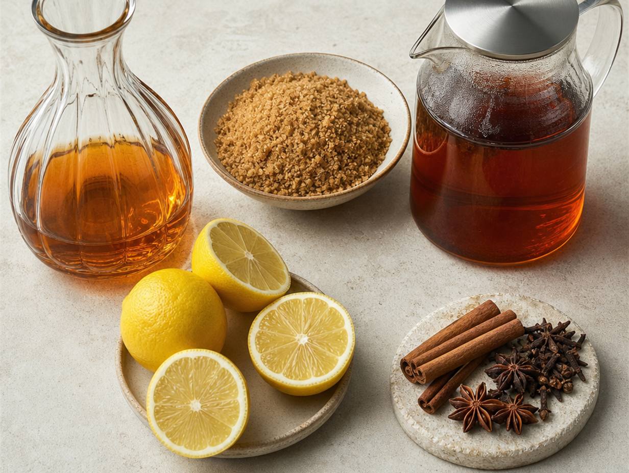 Karaffe mit bernsteinfarbener Spirituose, Schale mit braunem Zucker, halbierte Zitronen, Kanne mit Tee und ganze Gewürze auf heller Steinplatte