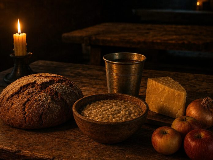 Dunkler Holztisch mit Roggenbrot, einer Schale Getreidebrei, Becher, Käse und Äpfeln im Kerzenlicht