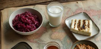 Welches Land isst das? Das Quiz mit 12 Spezialitäten Kimchi, Ayran, Halloumi, Konservendose, Honig und Natto auf einer alten Weltkarte