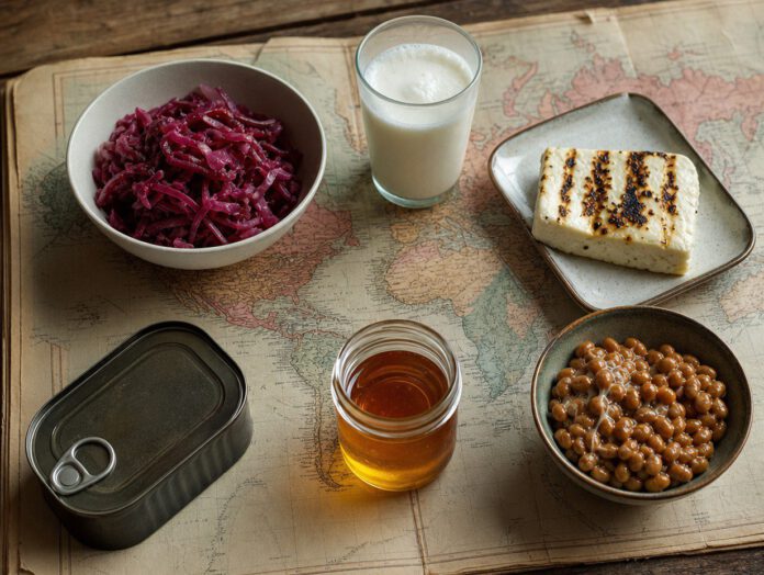 Kimchi, Ayran, Halloumi, Konservendose, Honig und Natto auf einer alten Weltkarte