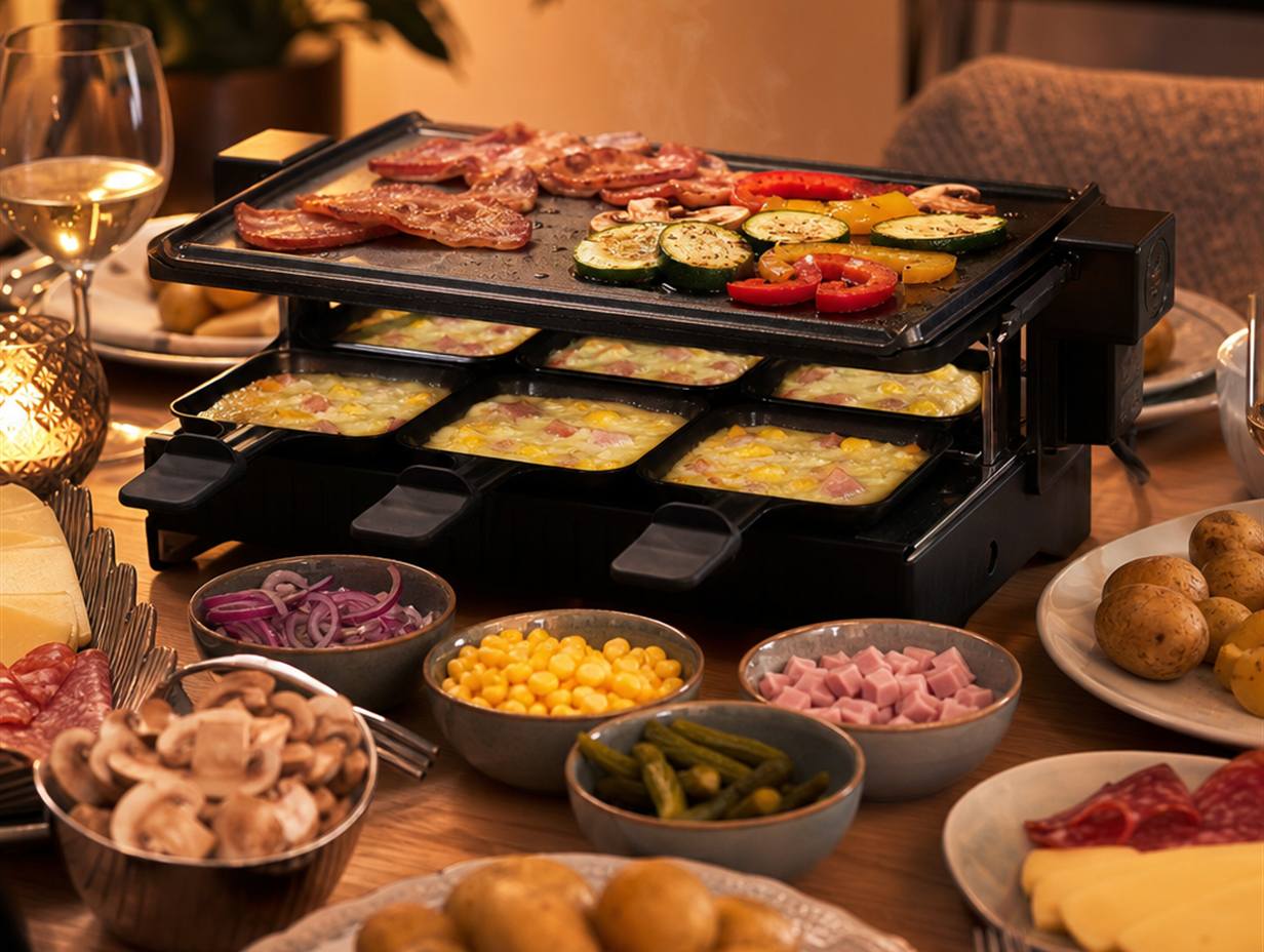 Racletteofen für den Tisch mit acht Pfännchen voll geschmolzenem Käse, Mais und Schinken, darum Schälchen mit Zutaten und Teller mit Pellkartoffeln