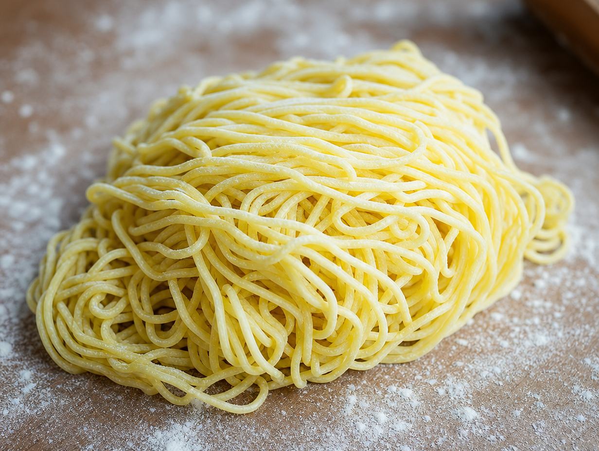 Nest roher gelber gewellter Ramen-Nudeln auf bemehltem Holz, die Stränge sind fest und einzeln erkennbar