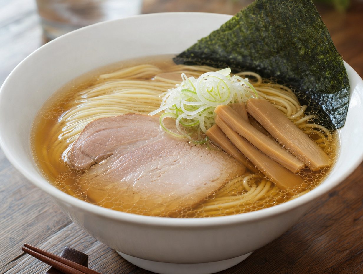 Schale Shoyu-Ramen mit klarer goldbrauner Brühe, geraden Nudeln, Schweinefleisch, Bambussprossen und Nori
