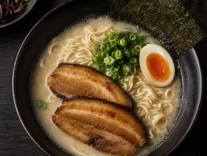 Schale Ramen von oben mit trüber heller Brühe, gewellten Nudeln, Schweinebauchscheiben, halbem Ei, Frühlingszwiebeln und Nori