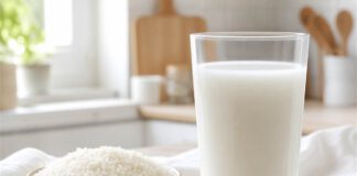 Wie schmeckt Reismilch? Hohes Glas mit weißer Reismilch neben einer Schale roher Reiskörner auf einer hellen Küchenarbeitsplatte