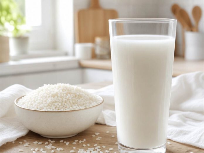 Hohes Glas mit weißer Reismilch neben einer Schale roher Reiskörner auf einer hellen Küchenarbeitsplatte