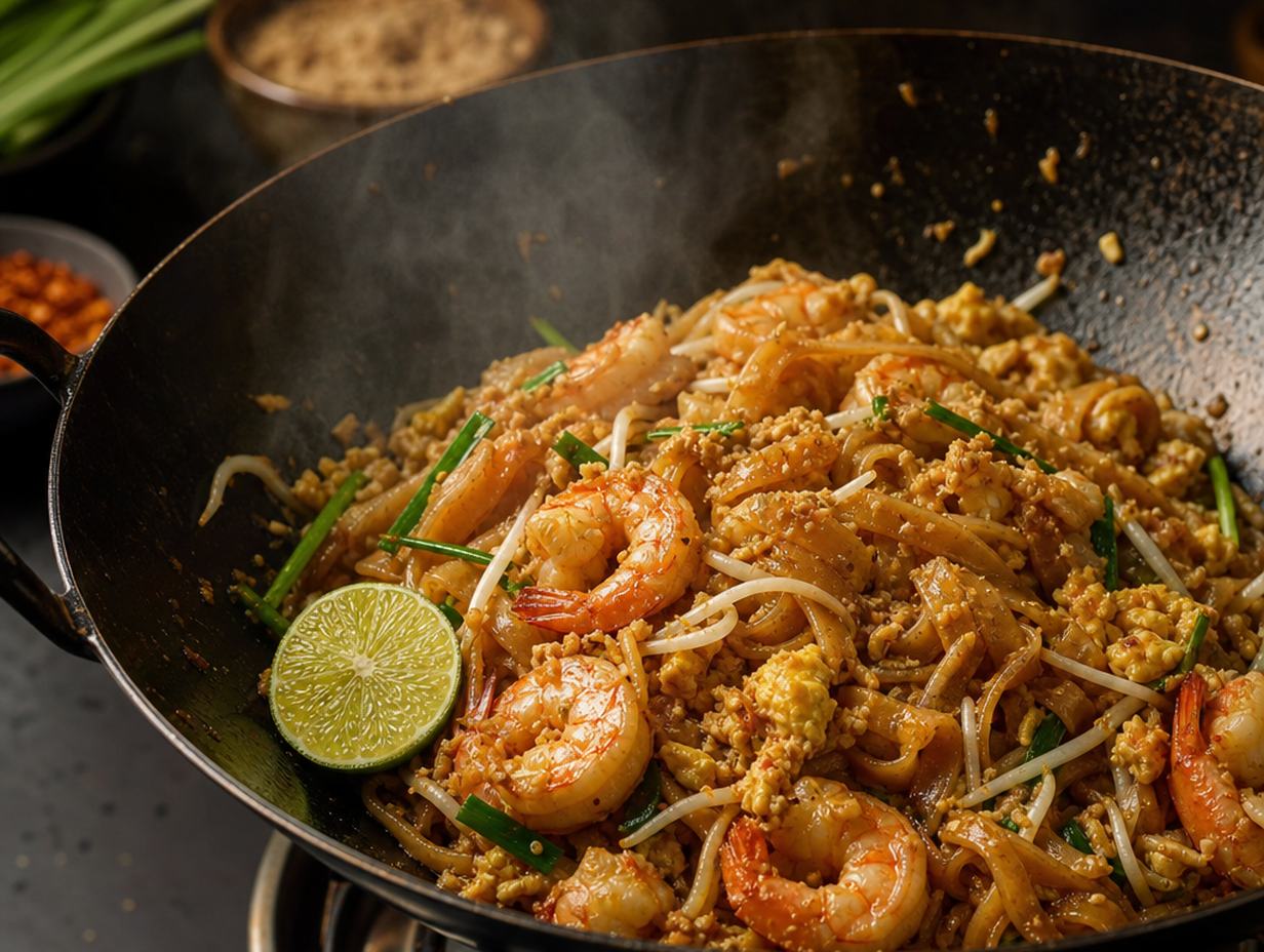 Wok mit Pad Thai aus breiten Reisnudeln, Garnelen, Ei, Sojasprossen, Erdnüssen und Limette