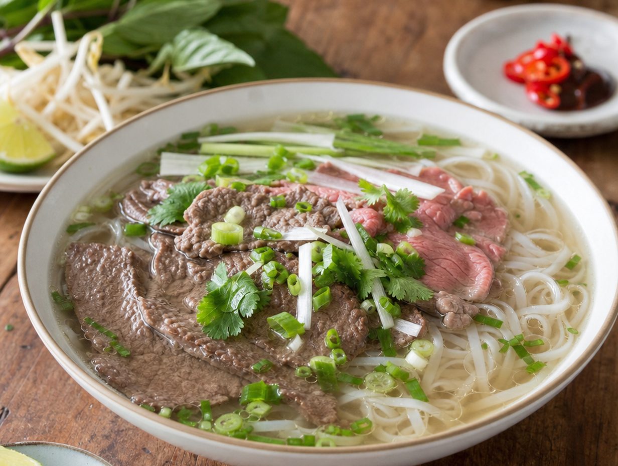 Schale vietnamesische Pho mit klarer Rinderbrühe, dünnen weißen Reisnudeln, Rindfleischscheiben, Kräutern und Limette