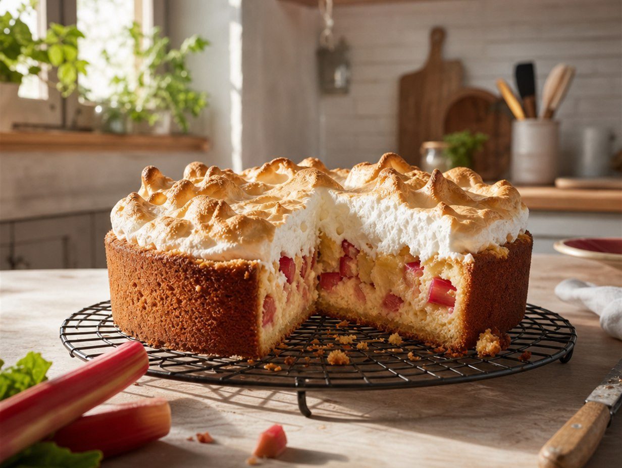 Angeschnittener Rhabarberkuchen mit Baiserhaube auf einem Kuchengitter