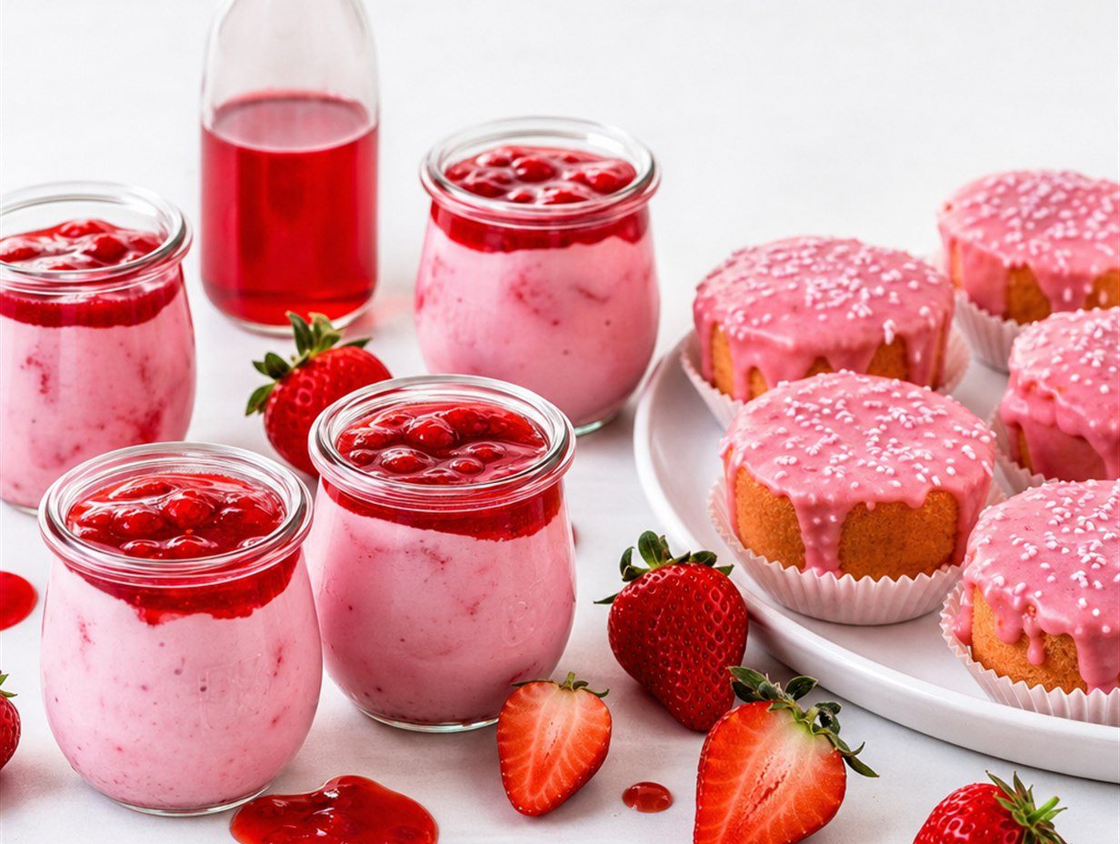 Knallrote Joghurts, roter Sirup und rosa Törtchen nebeneinander auf weißer Fläche