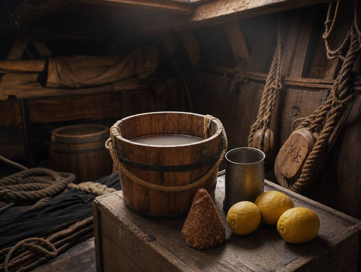 Holzeimer mit verdünntem Rum unter Deck eines alten Segelschiffs, daneben ein Zinnbecher, ein Zuckerhut und Zitronen auf einer Holzkiste