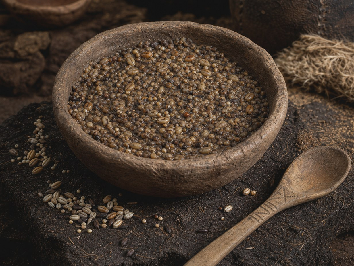 Tonschale mit grobem Brei aus zahlreichen verschiedenen Getreidekörnern und Wildsamen auf dunklem Torf, daneben ein geschnitzter Holzlöffel