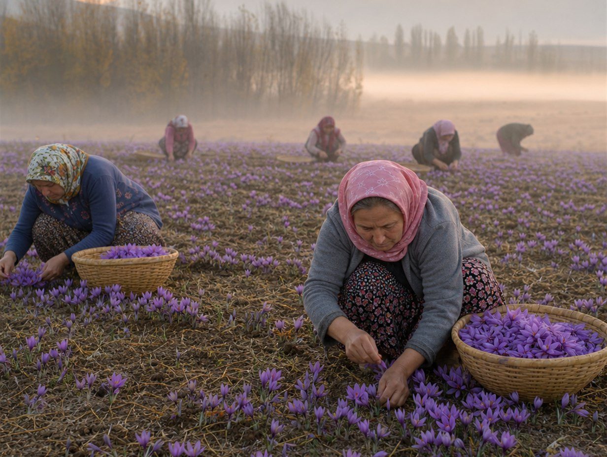 Erntehelferinnen pflücken violette Krokusblüten von Hand auf einem nebligen Feld