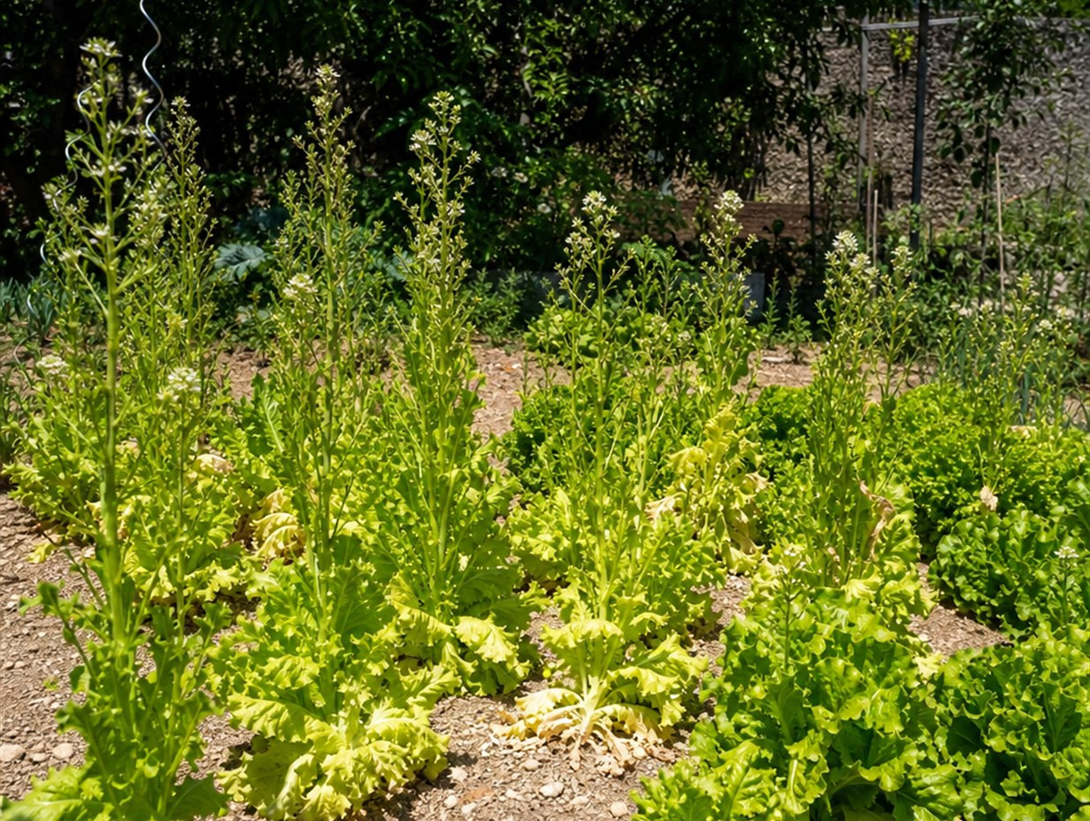 Salatpflanzen im Beet, die im Sommer geschossen sind und lange Blütenstängel gebildet haben