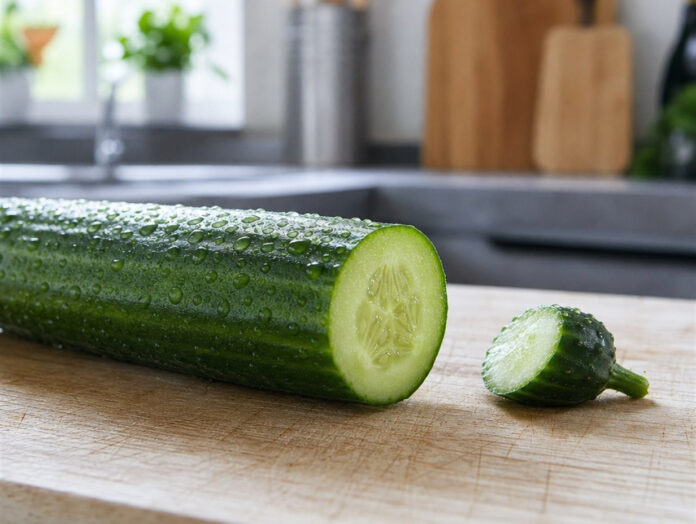 Salatgurke mit abgeschnittenem Stielende Angeschnittene Salatgurke auf einem Holzbrett, das abgetrennte Stielende liegt daneben
