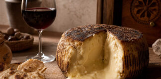 Wie schmeckt Casu Marzu, der Madenkäse aus Sardinien? Sardischer Schafskäselaib mit sehr weichem, cremig zerlaufenem Inneren auf einem Holzbrett