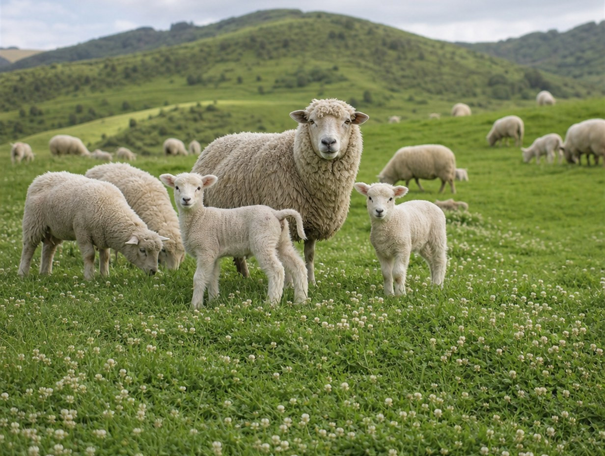 Schafe und Lämmer grasen auf einer grünen Weide mit blühendem Weißklee