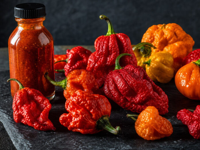 Leuchtend rote und orange Chilischoten mit knubbeliger Oberfläche auf einer Schieferplatte