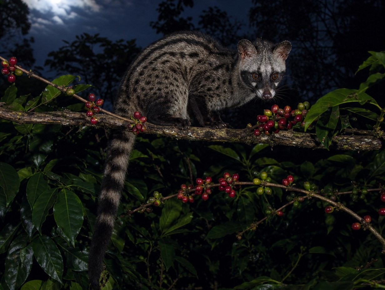 Asiatische Schleichkatze sitzt nachts auf einem Ast zwischen reifen roten Kaffeekirschen