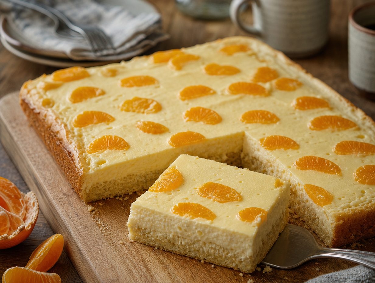 Blechkuchen mit heller Schmandcreme und Mandarinenspalten, ein Stück wird mit dem Tortenheber herausgehoben