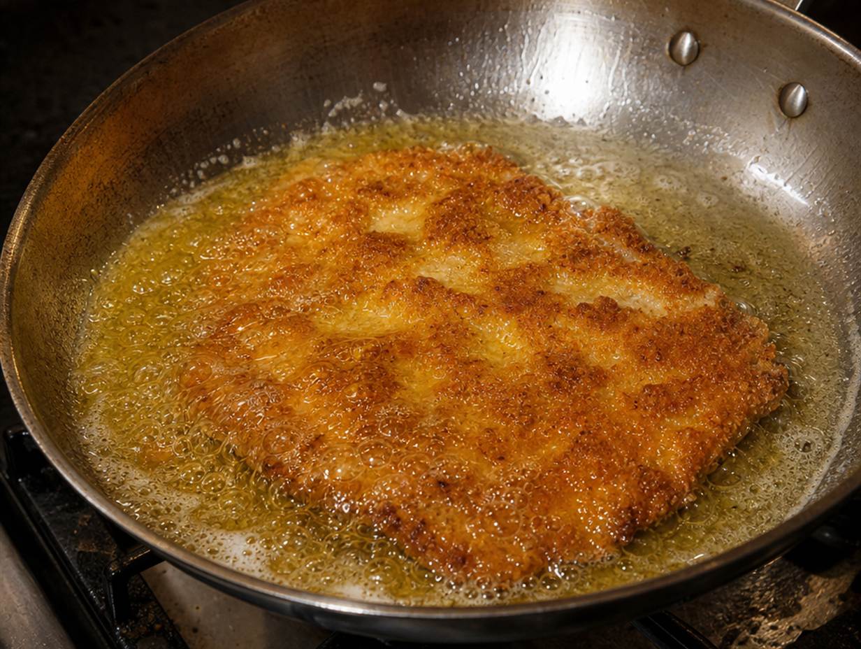 Paniertes Schnitzel backt schwimmend in reichlich Butterschmalz in einer geschwenkten Pfanne