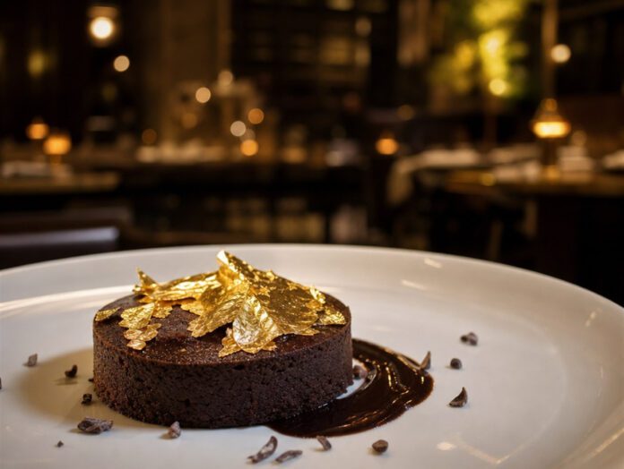 Dunkles Schokoladendessert auf weißem Teller, belegt mit glänzendem essbarem Blattgold
