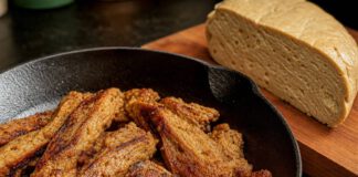 Wie schmeckt Seitan? Goldbraun angebratene Seitanstreifen mit faseriger Struktur in einer gusseisernen Pfanne, daneben ein heller ungebratener Seitanblock auf einem Holzbrett